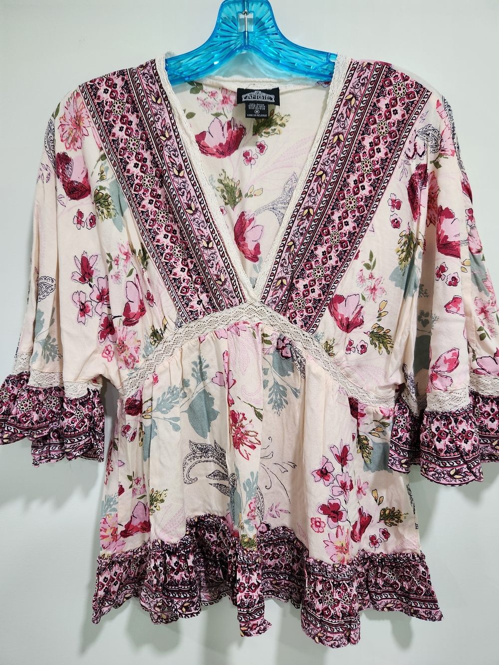 Angie Pink Floral Boho V-Neck Peasant Top